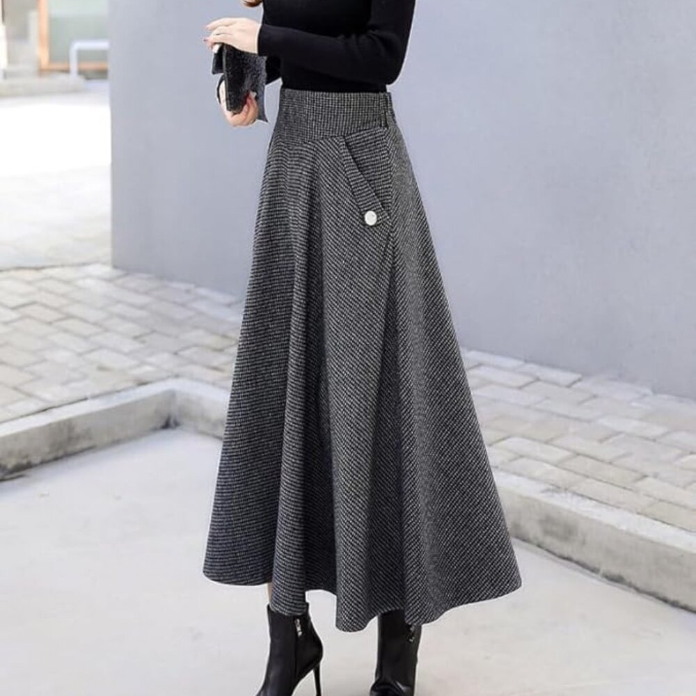 Elegant Houndstooth Plaid A Line Skirt